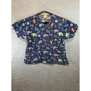 WonderWink Scrub Top Womens XL Blue Cat Print V-Neck Pockets Medical Nurse